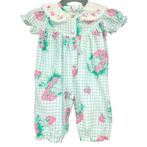 Vintage 90's Baby Girl Floral Strawberry Gingham Romper 0-6 Months‎